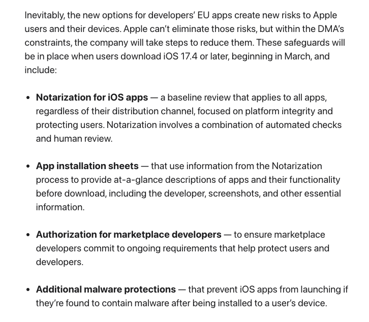 firt's tweet photo. 🇪🇺Apple changes iOS for 27 European countries next March, making it as difficult and unusable as possible for users and devs:

🔥Browsers can use custom engines
🆕API for app store alternatives
✍️Notarization for all apps
💶Devs will pay Apple per installs in EU (1M/y free) and revenue share, only if they accept the new terms to distribute their apps outside of the app store; devs can choose to remain in current terms.