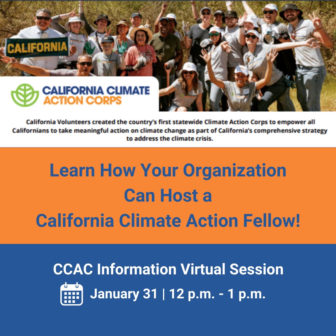 CalReLeaf's tweet image. Learn more about how your organization can host a @CalVolunteers California Climate Action Corps (CCAC) Fellow! 

💻 Virtual CCAC Informational Session
📅Wednesday, January 31, 
🕛12:00-1:00 p.m.
👉Register: bit.ly/3vJNtJL