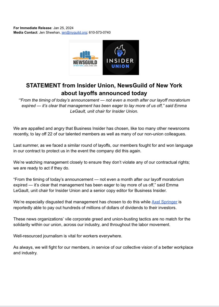 OUR STATEMENT with @InsiderUnion on today's layoffs at @BusinessInsider. 'From the timing of today’s announcement — not even a month after our layoff moratorium expired — it’s clear that management has been eager to lay more of us off,' said @emmalegault_nyguild.org/post/statement…