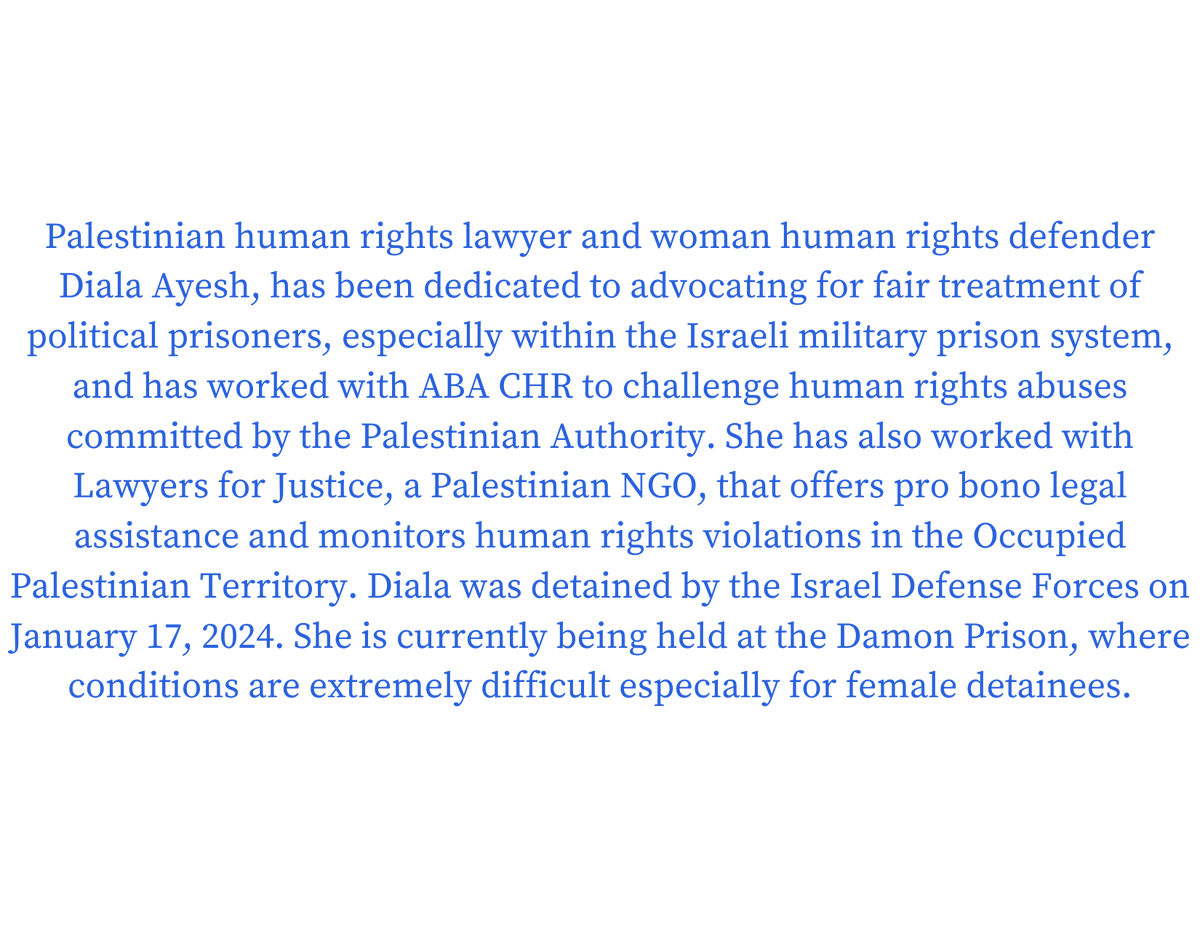 #InternationalDayofEndangeredLawyer: @AyeshDiala is a Palestinian #HumanRights lawyer and woman human rights defender. She has been dedicated to advocating for fair treatment of political prisoners, especially within the Israeli military prison system. @law4justiceps