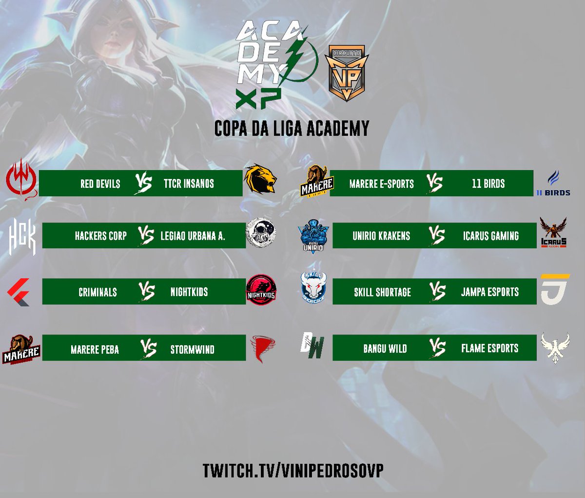 A <a href="/LigaAcademy/">Liga Academy ⚡</a> em parceria com o #CircuitoVP promove a partir de hoje a #CopadaLigaAcademyXP !  

A fim de complemento de calendário e maior competitividade dos times, me propus a organizar um torneio secundário! 

 A rodada 1 começa hoje!
Confira abaixo os confrontos!