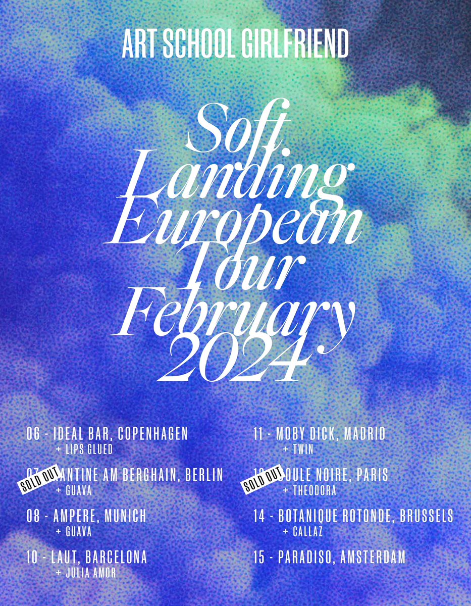 Berlin and Paris are sold out! Other shows running low 🚨 Also thank you for recommending these amazing supports, sadly Amsterdam doesn’t have a support slot, but I discovered so much excellent music through your tagging. See you in a few weeks 🇪🇺 artschoolgirlfriend.lnk.to/EUTour23SR