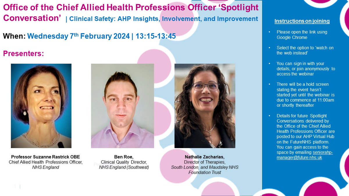 🚨February CAHPO spotlight conversation reminder! We will explore the important role of the #AHP community in clinical & patient safety   I’ll be chairing @roe_benjamin & @nathakiezach in conversation   📆 Wednesday 7 February 2024 13.15 – 13.45hrs @WeAHPs