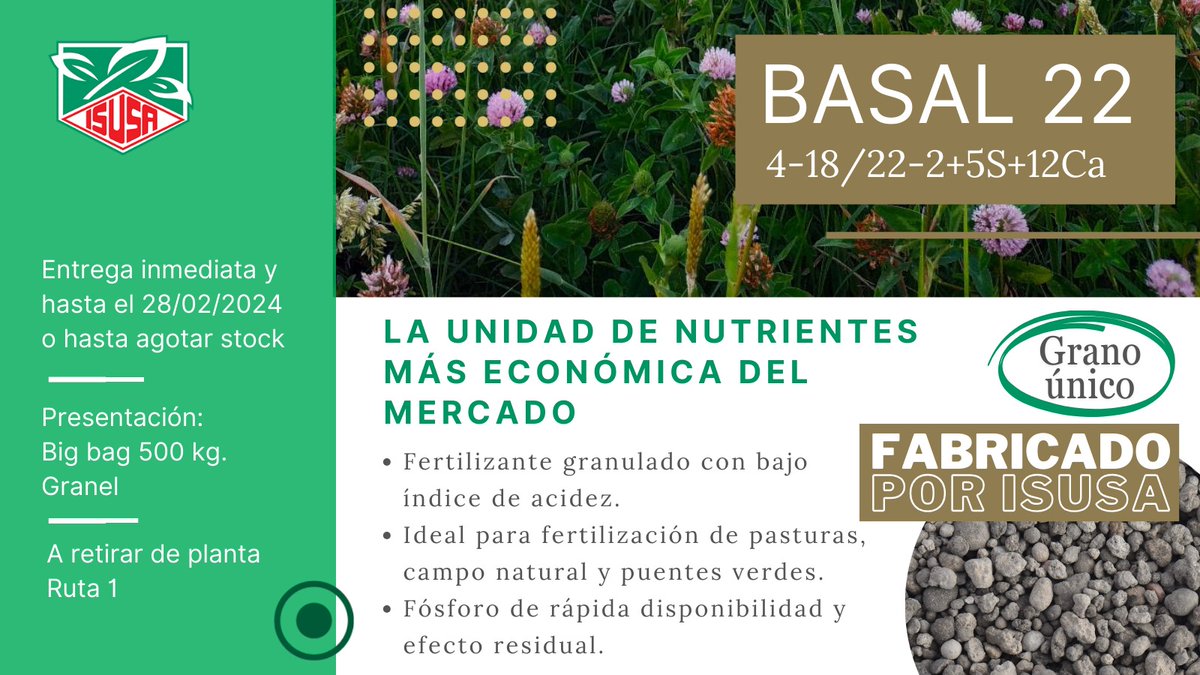 ISUSA_Uruguay's tweet photo. 𝐁𝐚𝐬𝐚𝐥 𝟐𝟐
4-18/22-2+5 𝘚+12 𝘊𝘢
La unidad de nutrientes más económica del mercado!!!
Consulta nuestra promoción por las siguientes vias:
ventas@isusa.com.uy
098 980 333 - 23472035
#isusa #basal22 #fertilizantes https://t.co/opGsJLqMCD