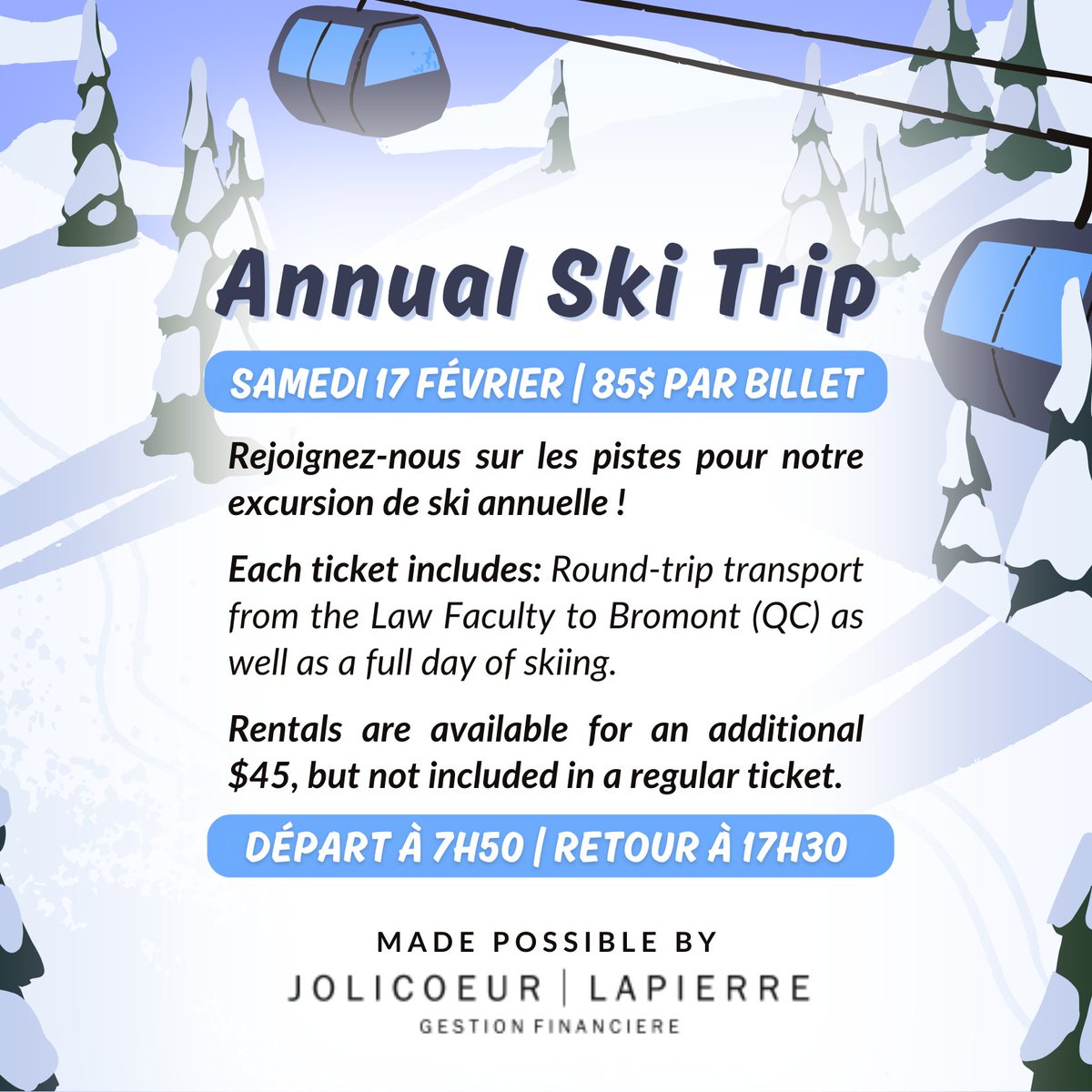 Rejoignez-nous sur les pistes pour notre excursion de ski annuelle ! ⛷️🏔️ Thanks to Jolicoeur Lapierre Gestion Financière, McGill Law will be hitting the slopes on February 17th 🎿 Réservez votre place dès maintenant car les places sont limitées ! 🎫❄️ buytickets.at/mcgillfacultyo…