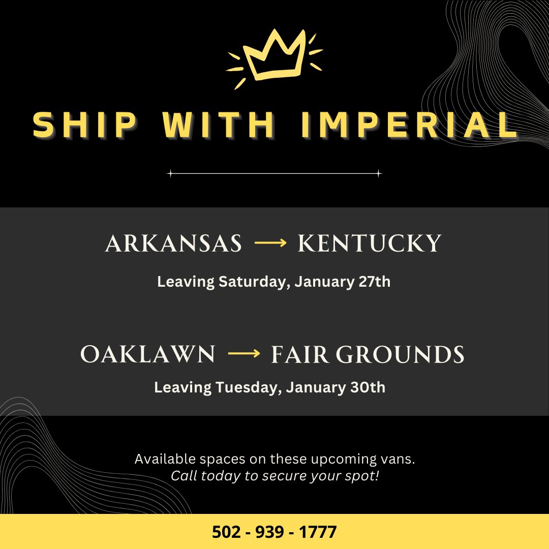 TransitImperial's tweet photo. Ship with Imperial! 👑

We have vans moving this week from
Arkansas ➡️ Kentucky
Oaklawn ➡️ Fair Grounds

Call or text to secure your spot! https://t.co/9t0MBjLiRA