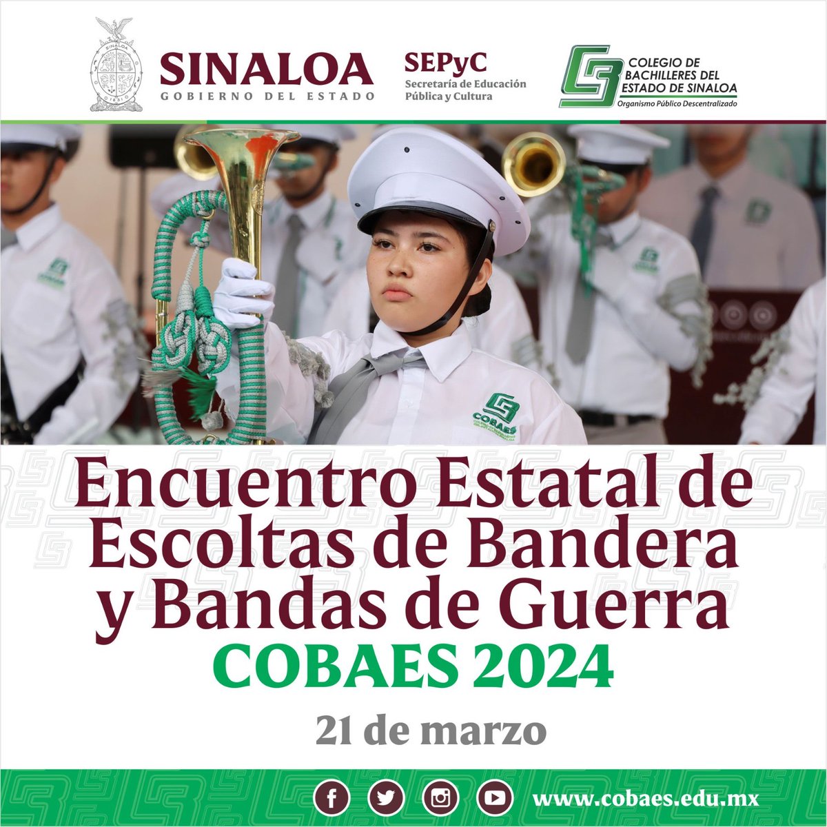 #CobaesNoticias | Con el fin de forjar la identidad cívica y fidelidad a nuestros símbolos patrios entre los estudiantes, COBAES te invita a participar en Encuentro Estatal de Escoltas de Bandera y Bandas de Guerra 2024.
Conoce las bases de la convocatoria bit.ly/3YXBgLK