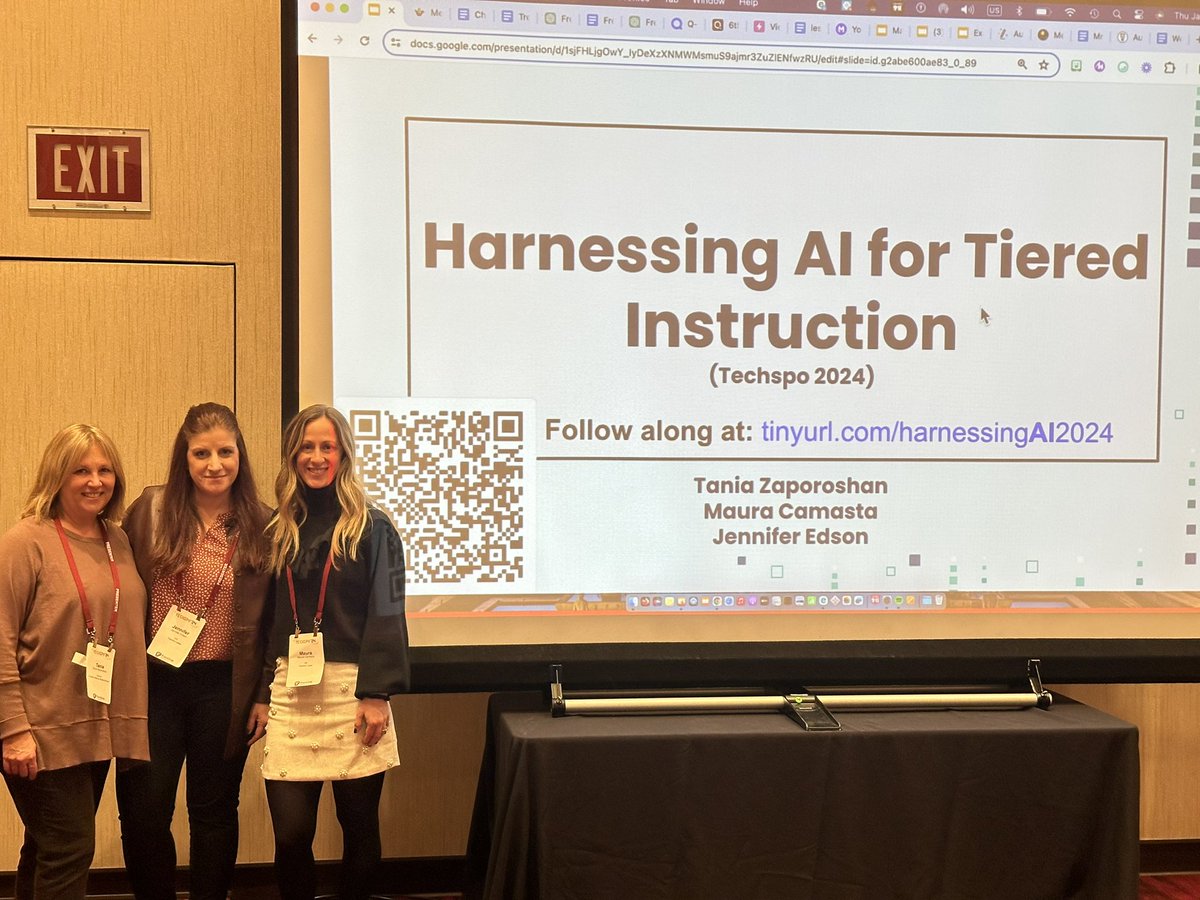 Congratulations to Mrs. Camasta, Mrs. Edson, and Mrs. Zaporoshan who presented Harnessing AI for Tiered Instruction at #Techspo2024 to a packed room of dedicated educators.
