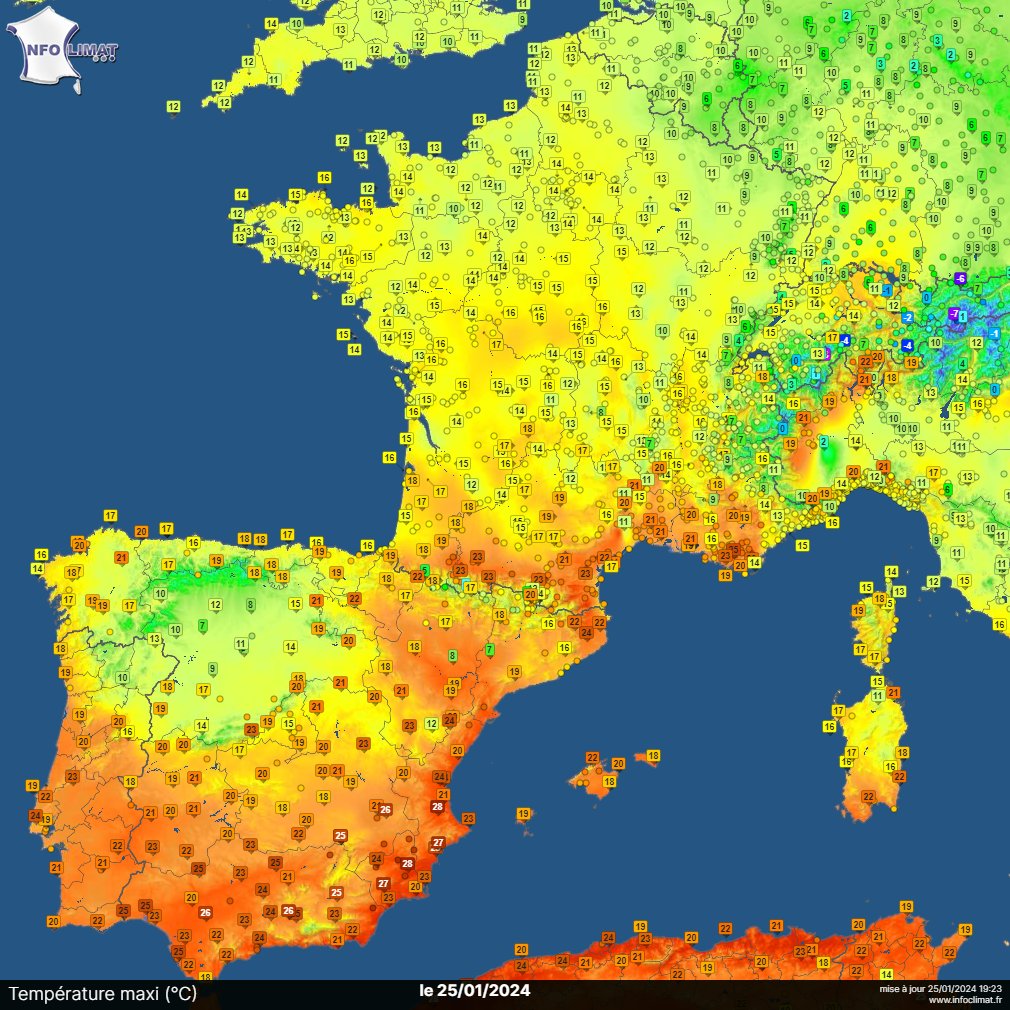 InfosFrancaises's tweet photo. Météo : chaleur inhabituelle aujourd'hui dans le sud de la France, avec jusqu'à 25.6°C à Vivès dans les Pyrénées-Orientales. 
30,7°C ont été relevés cet après-midi à Gavarda, en Espagne. Un record de chaleur en Europe pour un mois de janvier (Infoclimat / Climate Reanalyzer). https://t.co/s14KXEl96u