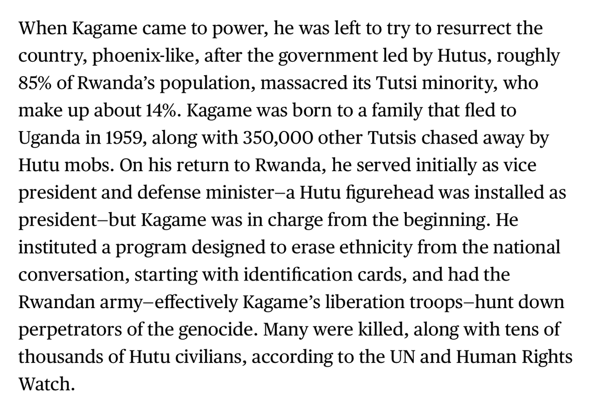 RichardHanania's tweet image. How did Rwanda deal with the aftermath of a genocide that killed 800,000? 

Paul Kagame, member of the victimized Tutsis, removed all ethnic identification in government and made the state treat everyone equally. 

That's how you get past racism. Not "reverse discrimination."