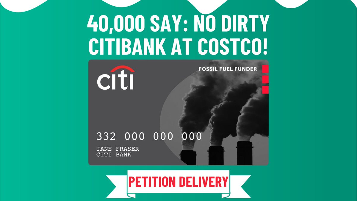 Citibank fuels climate destruction as the #1 US funder of dirty coal. 

Activists have delivered a petition to Costco, as 40,000 people have demanded that Costco shop for a cleaner credit card partner. 

Join us to make #CostcoDropCiti ⤵️ 
stmp.link/Costco