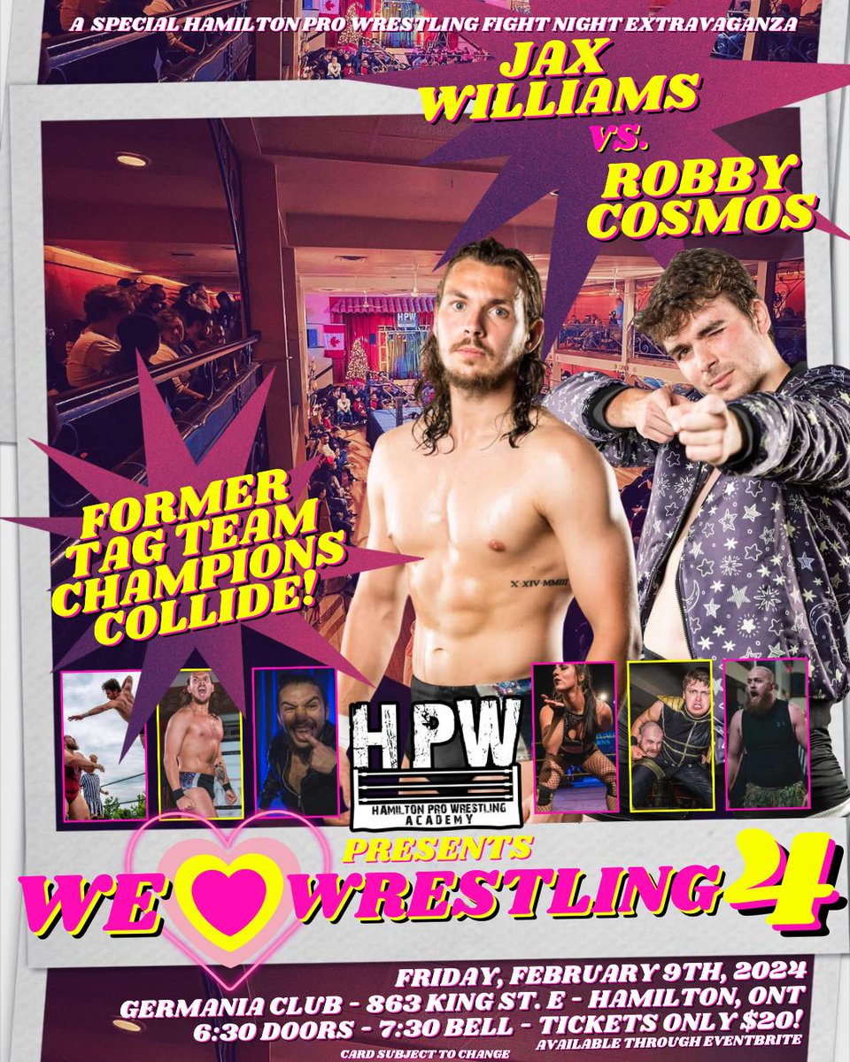 🚨Match Announcement🚨 Jax Williams V Robby Cosmos eventbrite.com/e/hpw-we-heart… You would be hard pressed to find two men who know eachother in the ring as well as these two. With one win over one another, who do you think will walk away with their arm raised on Friday February 9th?