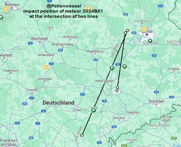 Pellenwessel's tweet photo. @meteordoc @michaelaye Below you will find my graphical solution of the impact location of #meteor as an intersection of two lines from Leipzig and Sonneberg. For a more accurate calculation I need the coordinates of the position from other webcams that have recorded #2024BX1 https://t.co/UkT6CNqFNs