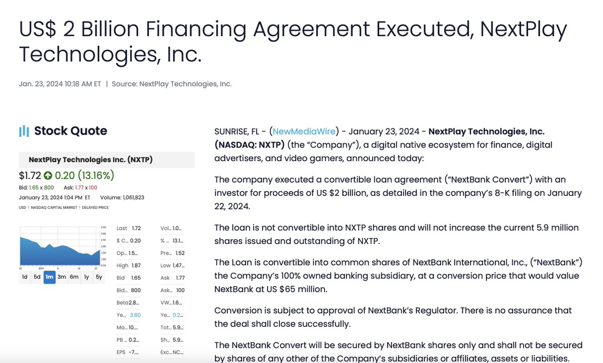 $NXTP PRESS US$ 2 Billion Financing Agreement Executed
cutt.ly/KwLQU3xH #AI #wsj #nytimes #business #reuters #IHub_StockPosts #forbes #marketwatch #cnn #bet #foxnews #latimes #Crainschicago #usatoday #barronsonline #IBDinvestors #cnnmoneyinvest  #NASDAQ