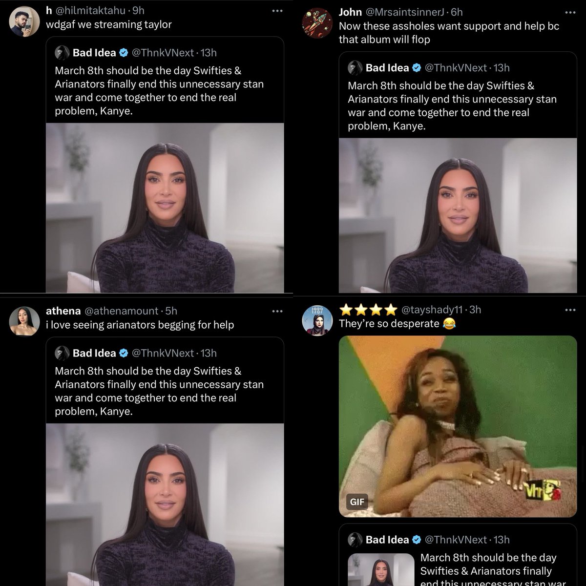 Why are y'all so obsessed with Swiftie validation?? The same fandom that tried sabotaging Ariana’s comeback, called her all sort of names, made fun of Manchester and criticize her appearance… that’s the sister fandom yall want?