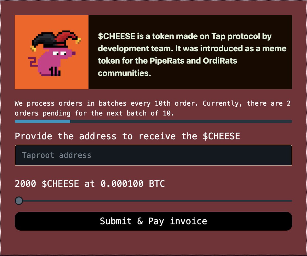 OrdiRats - BTC (@ratsonchain) on Twitter photo We have successfully deployed our mint engine for <a href="/tap_protocol/">TAP Protocol</a>, and the distribution is going well with over 250 holders.
You can now mint as low as 10K SATS for 2K Cheeses.
🧀 ordirats.xyz/cheese
#ordinals #rats #brc20 We have successfully deployed our mint engine for <a href="/tap_protocol/">TAP Protocol</a>, and the distribution is going well with over 250 holders.
You can now mint as low as 10K SATS for 2K Cheeses.
🧀 ordirats.xyz/cheese
#ordinals #rats #brc20