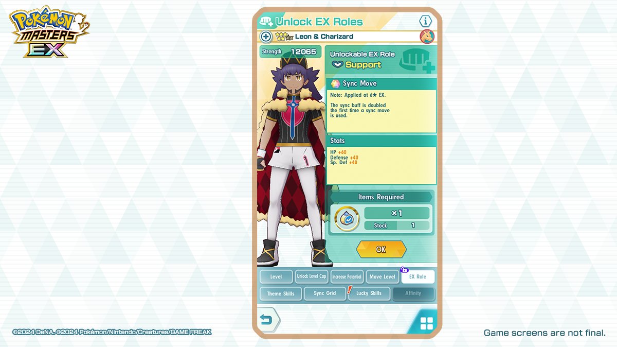 5★ Leon &amp; Charizard now have an EX role!

By using a roll cake to unlock a sync pair’s EX role, that sync pair will get a stat boost and an additional effect will be added to their sync move when they’re fully raised to 6★ EX!

#PokemonMasters