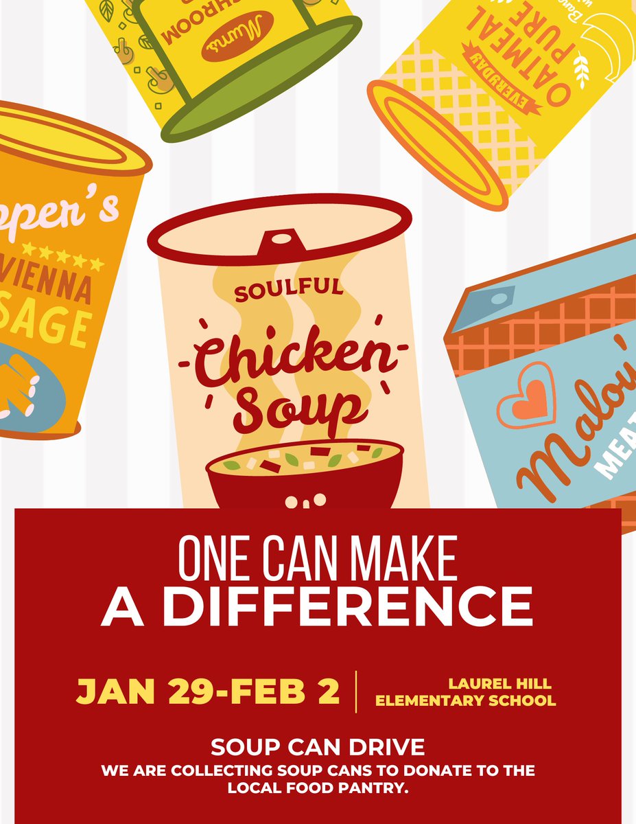 Next week (Jan. 29-Feb. 2) we are hosting a SOUP drive. All soup donations will be collected in the front foyer and donated to the local food pantry. Thank you for your support lions!