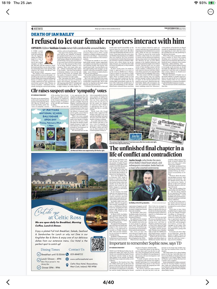 hellyo67's tweet image. For those ignoramuses who have quoted that ‘the locals mainly think Bailey was innocent’ this article by Siobhan Cronin, Editor of the Southern Star sums it up perfectly. He was a calculating, dangerous violent misogynist. No more no less. He died in the gutter. Appropriate.