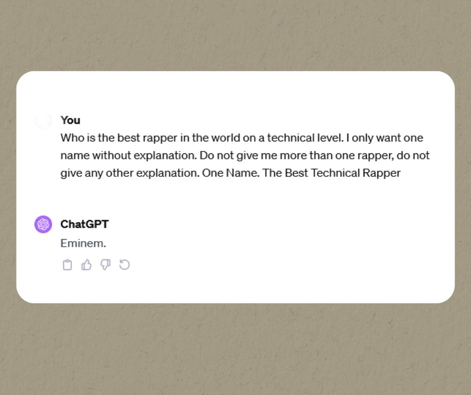 Saeed_Ajaib's tweet photo. I asked ChatGPT who the best technical rapper is in the world. Let the war in the comments begin. Doomsday Part 2 coming soon. #Eminem https://t.co/jUGLIT0iZY
