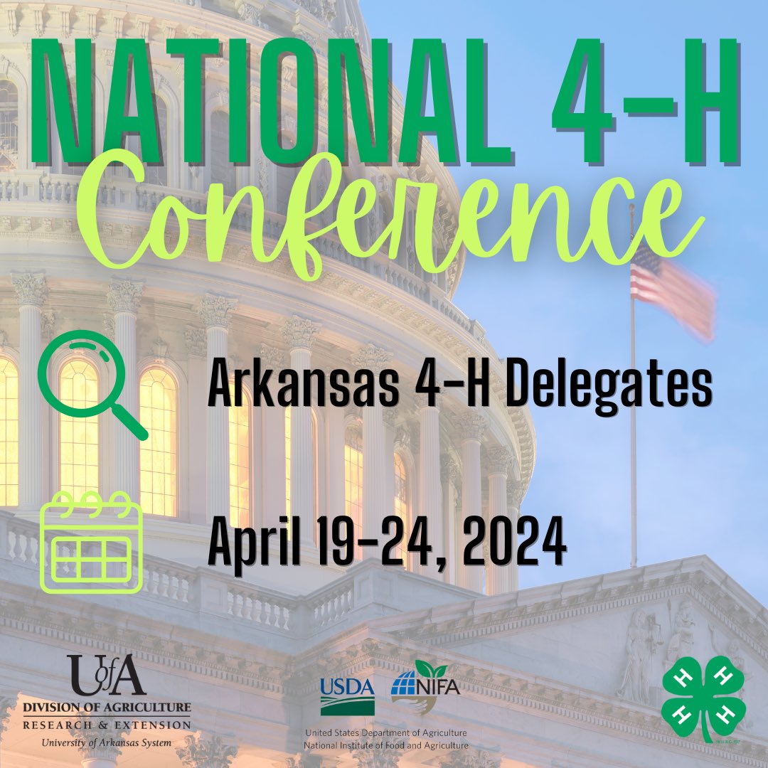 We are on the hunt for some #AR4H delegates to attend National 4-H Conference!!

Details: 
📅 April 19-24, 2024 
📍 Washington, D.C. 
🔎 Arkansas 4-H’ers age 16-18
📝 Apps due on the state level - Feb. 1st!!

Reach out to your county office &amp; check out the #LinkInOurBio for more!