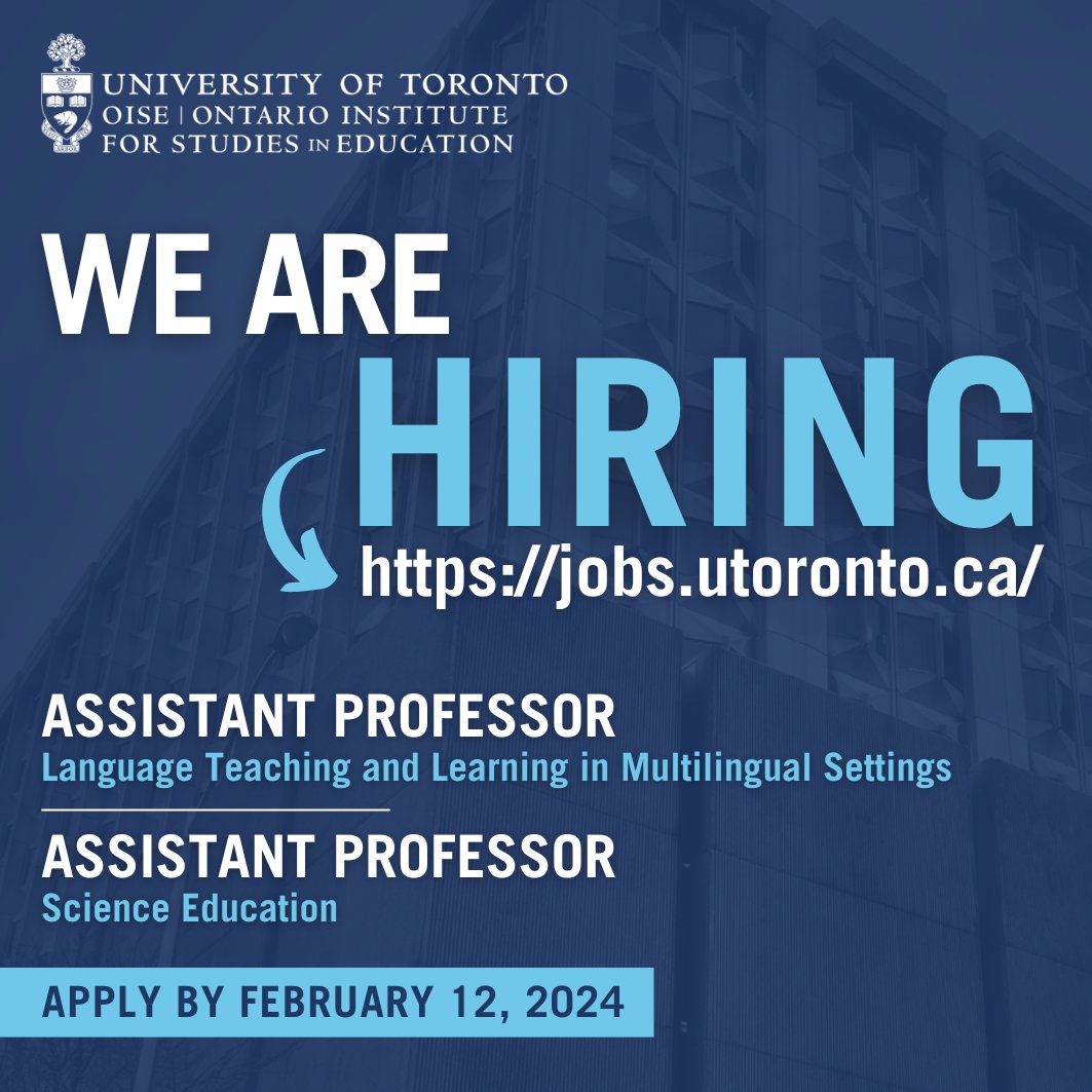 WE ARE HIRING! Visit jobs.utoronto.ca for the full posting descriptions and to apply. All application materials, including letters of reference, must be received by Monday, February 12, 2024, 11:59pm EST.