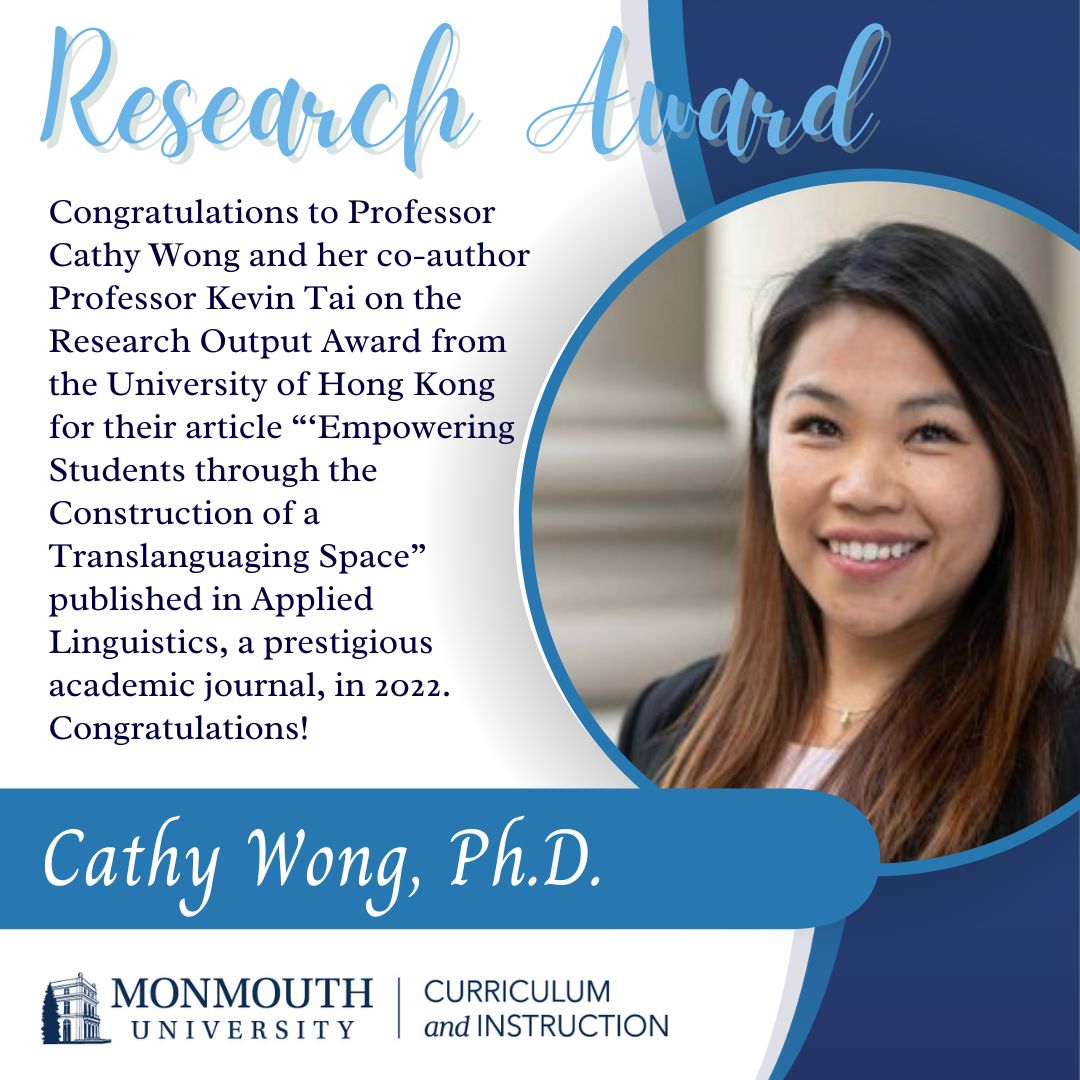 MU School of Ed (@muschoolofeduca) on Twitter photo Congrats to Professor Cathy Wong - <a href="/Dr_CathyWong/">Dr. Cathy Wong</a> <a href="/Monmouthu/">Monmouth University</a> and her co-author Professor Kevin Tai- @DrKevinTai on the Research Output Award from the University of Hong Kong for their article āāEmpowering Students through the Construction of a Translanguaging Spaceā. <a href="/JFitzPhD/">Jason Fitzgerald</a> Congrats to Professor Cathy Wong - <a href="/Dr_CathyWong/">Dr. Cathy Wong</a> <a href="/Monmouthu/">Monmouth University</a> and her co-author Professor Kevin Tai- @DrKevinTai on the Research Output Award from the University of Hong Kong for their article āāEmpowering Students through the Construction of a Translanguaging Spaceā. <a href="/JFitzPhD/">Jason Fitzgerald</a>