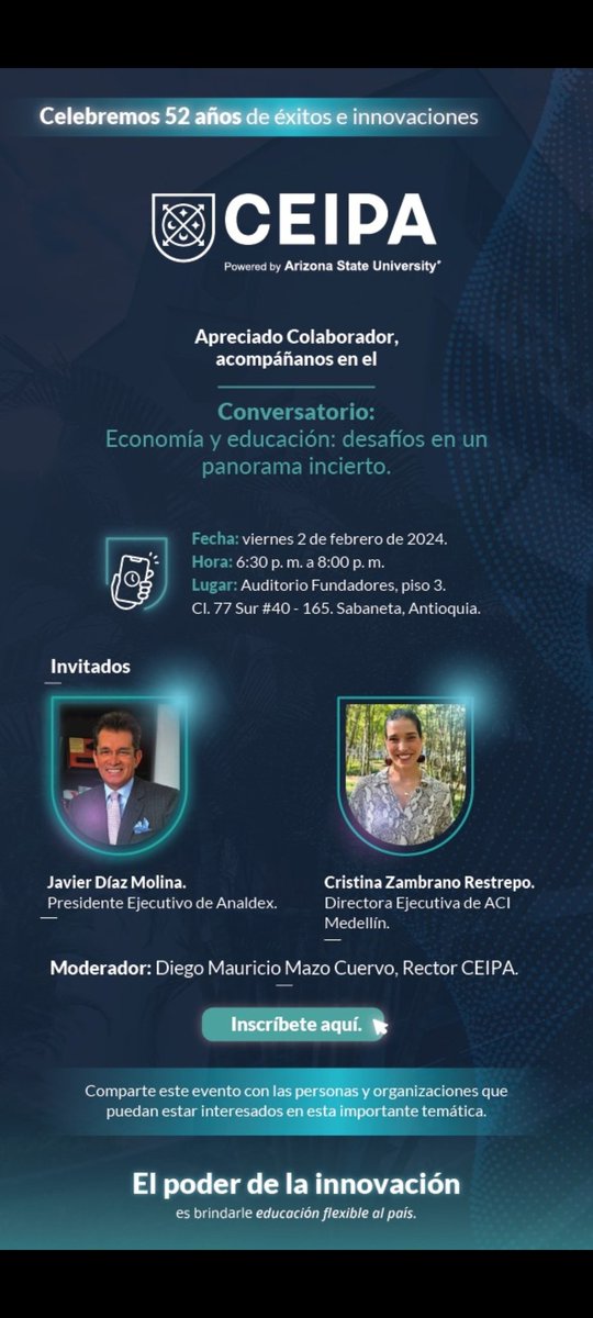 Invitación para los interesados en las perspectivas y retos de la economía y la educación en estos tiempos de incertidumbre. @ceipabs <a href="/AnaldexColombia/">Analdex Colombia</a> @Analdexantioqui <a href="/diegomazoc/">Diego Mazo</a> #economiacolombiana #prospectiva