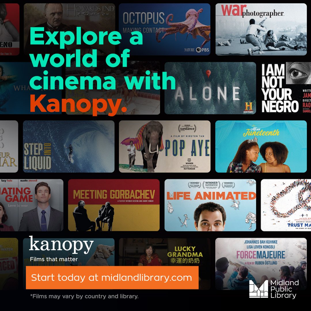 MPL now offers access to unlimited streaming (no monthly limits) on Kanopy, a video streaming service for quality &amp;
thoughtful entertainment. 

To get started: 

1.Visit midlandlibrary.com/video-streamin… 
2.Create your free account with your library card. 
3.Start watching!