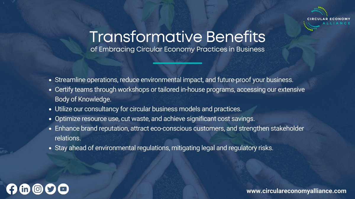 Maximize your business potential by embracing #CircularEconomy practices with #CEA.
Seize the benefits of optimized resource use, cost savings, and enhanced brand reputation.
Join us in the journey towards a #circular and prosperous #future. 
Know more- circulareconomyalliance.com/for-organizati…