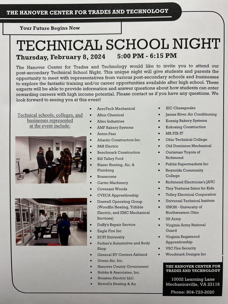 THCTT's tweet image. ATTENTION HIGH SCHOOL FAMILIES: The Hanover Center for Trades and Technology will be hosting a post-secondary 'Technical School Night' on Thursday, February 8 from 5-6:15 p.m. at The Hanover Center
(10002 Learning Lane in Mechanicsville).

View the flyer for more details!