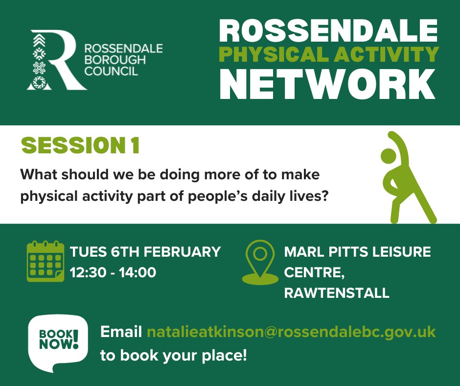 Rossendale Forest ๐ณ (@rbcforest) on Twitter photo ๐ขSAVE THE DATE ๐
Tuesday 6th February - 12:30 - 14:00 ๐Marl Pitts Leisure Centre
Come along to on of our networking sessions to deepen our conversations about physical activity. To book your place or for further information contact - natalie.atkinson@rossendalebc.gov.uk. ๐ขSAVE THE DATE ๐
Tuesday 6th February - 12:30 - 14:00 ๐Marl Pitts Leisure Centre
Come along to on of our networking sessions to deepen our conversations about physical activity. To book your place or for further information contact - natalie.atkinson@rossendalebc.gov.uk.