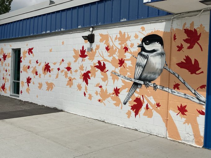 A mural on the side of a building featuring orange and red maple leaves and a closeup of a chickadee on a branch.