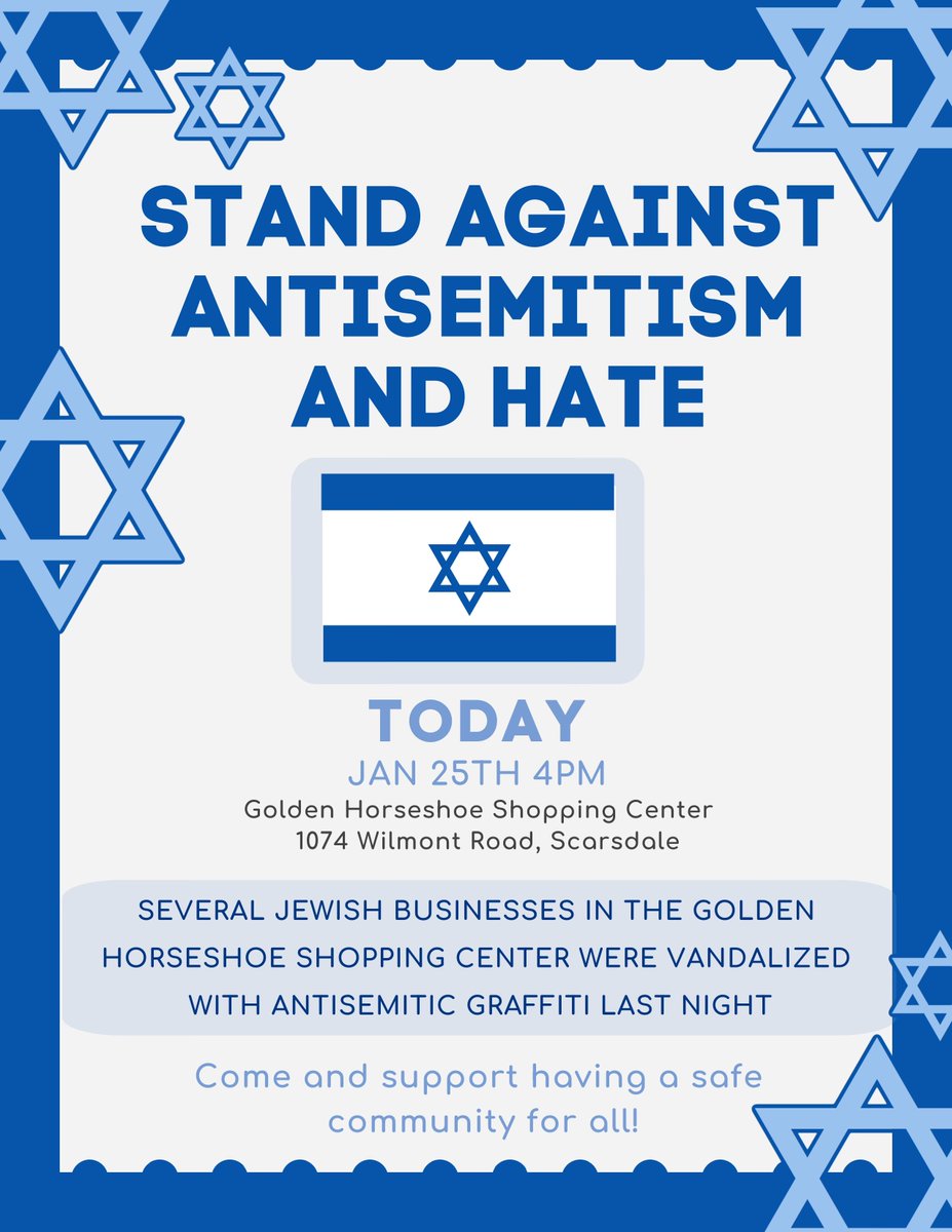 Please come to the Golden Horseshoe today at 4:00pm to support our strong, diverse community and stand up against anti-semitism and hate!