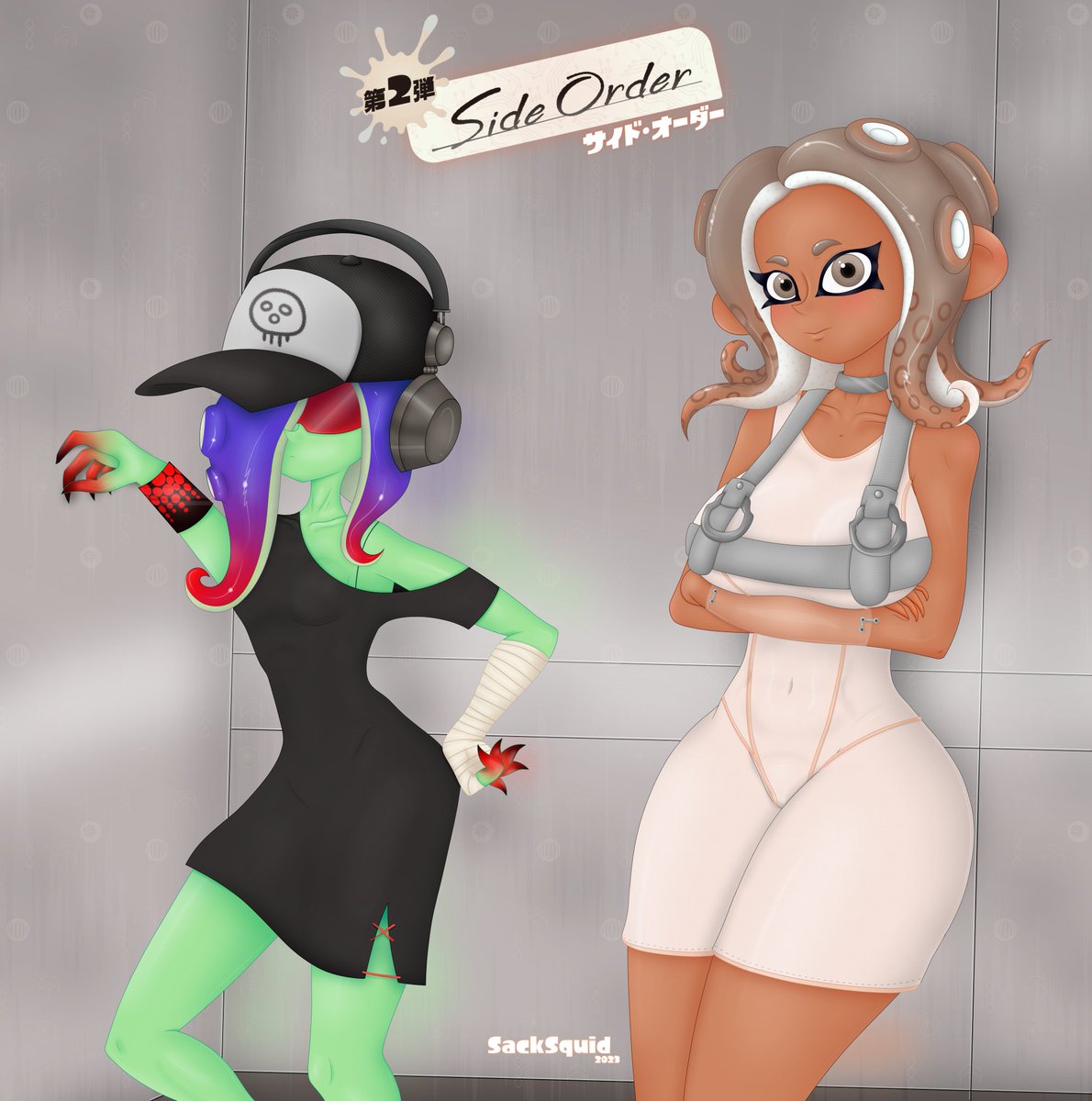 sacksquidd's tweet image. Acht and Agent 8 in the elevator. 💚🤎
. 
.
.
 [#Splatoon3 #Splatoon #Splatoonfanart #スプラトゥーン #splatoonart #artistsontwitter #sideorder #splatoon3sideorder]
