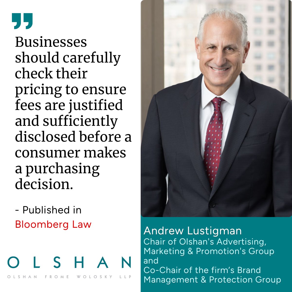 .@OlshanLaw Andrew Lustigman Publishes Article in @BLaw on How New Laws and Consumer Actions Will Help Us Say Goodbye to Junk Fees 
#OlshanLaw #JunkFees #ConsumerProtection #JunkFeePrevention #ConsumerRights #Bloomberg #AdvertisingAndMarketing 

lnkd.in/edMmqdJd