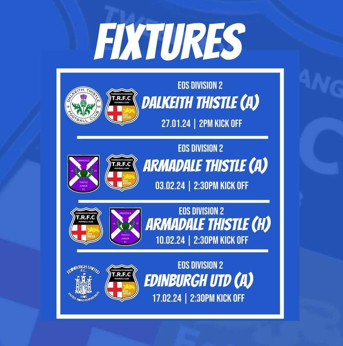 ⚽️ FIXTURE LIST

We wrap our January fixtures up with a tough away game to Dalkeith this weekend. 

February then sees us play Armadale twice, once away and the rescheduled home fixture. We then travel away once more to Edinburgh United.