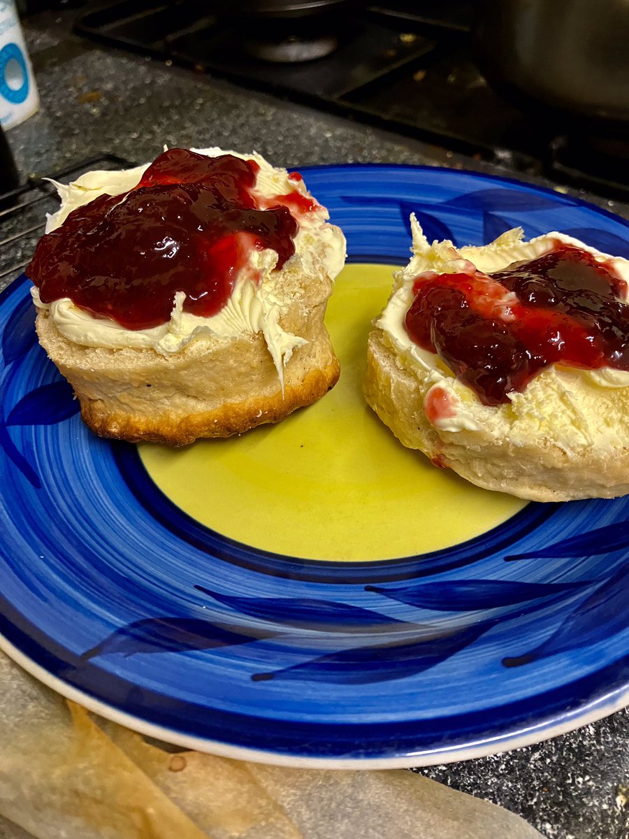 Homemade scone,homemade foraged Damson Jam and Cornish Cream. What’s not to like. #scones #paulhollywood #homebaking #comfortfood