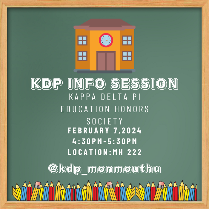 Are you a @Monmouthu education major looking to make connections and gain education leadership experience?  Come join our information session to learn more about @KDPInternational (international education honors society) on Feb 7th at 4:30pm in MH222! <a href="/JFitzPhD/">Jason Fitzgerald</a> <a href="/Dr_CathyWong/">Dr. Cathy Wong</a>