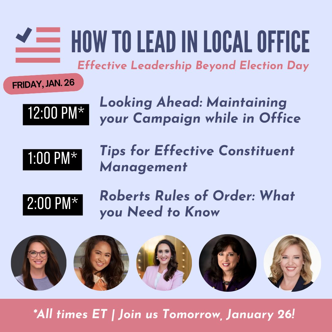 Join us tomorrow to learn "How to Lead in Local Office - Effective Leadership Beyond Election Day"!

Tomorrow's training program features leaders &amp; experts:
🎤 <a href="/SaraMarieK/">Sara Marie Ridley</a>
🎤 <a href="/CynthiaKaui/">Cynthia Kaui</a>
🎤 <a href="/AmberRowlett1/">Amber Crawford</a>
🎤 <a href="/kosmoski_t/">t kosmoski</a>
🎤 <a href="/marynanhuffman/">mary nan huffman</a>

Register now! hubs.la/Q02hLw_K0