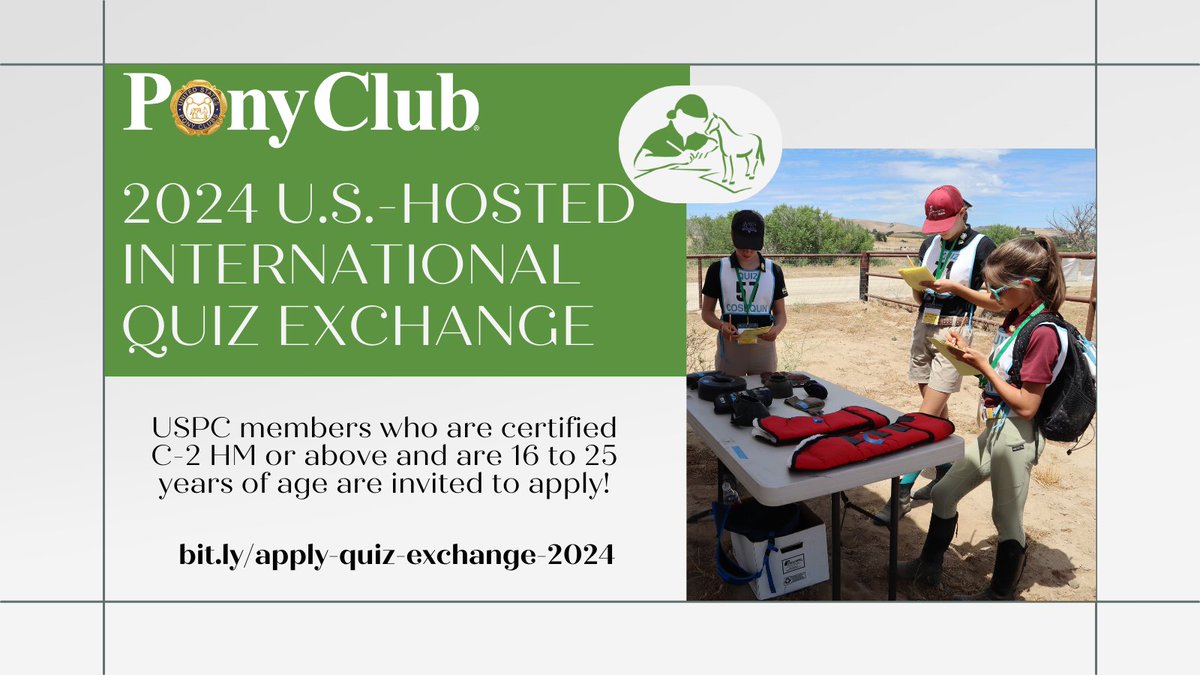 Applications for the U.S.-Hosted 2024 International Quiz Exchange are open! Don't miss your chance to participate in the exchange, slated to run during the USPC Festival! bit.ly/apply-quiz-exc…
#uspc #usponyclubs #internationalexchange #quizexchange #internationalquizexchange
