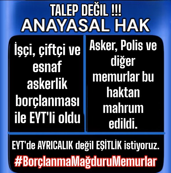 <a href="/EKarahan52998/">ERDİ KARAHAN</a> <a href="/VahdetOzkocak/">Prof. Dr. Vahdet ÖZKOÇAK</a> <a href="/ankarakulisi06/">ANKARA KULİSİ</a> <a href="/TBMMresmi/">TBMM</a> <a href="/MhpTbmmGrubu/">MHP TBMM Grubu #MHP</a> <a href="/rprefahpartisi/">Yeniden Refah Partisi</a> <a href="/HurDavaPartisi/">HÜDA PAR</a> <a href="/asemavi47/">Abdurrahim SEMAVİ</a> <a href="/_ErcanOzcelik/">Dr.Ercan ÖZÇELİK</a> Cennet vatanımızın iç ve dış güvenliğini canı pahasına sağlayan Bizler Askerlik borçlanması mağduru Asker ve polisleriz.

Herkese verilen Askerlik borçlanma hakkı bizden neden esirgeniyor anlamış değiliz. Yetkililerden torba yasada çözüm bekliyoruz.
#BorçlanmaMağduruMemurlar