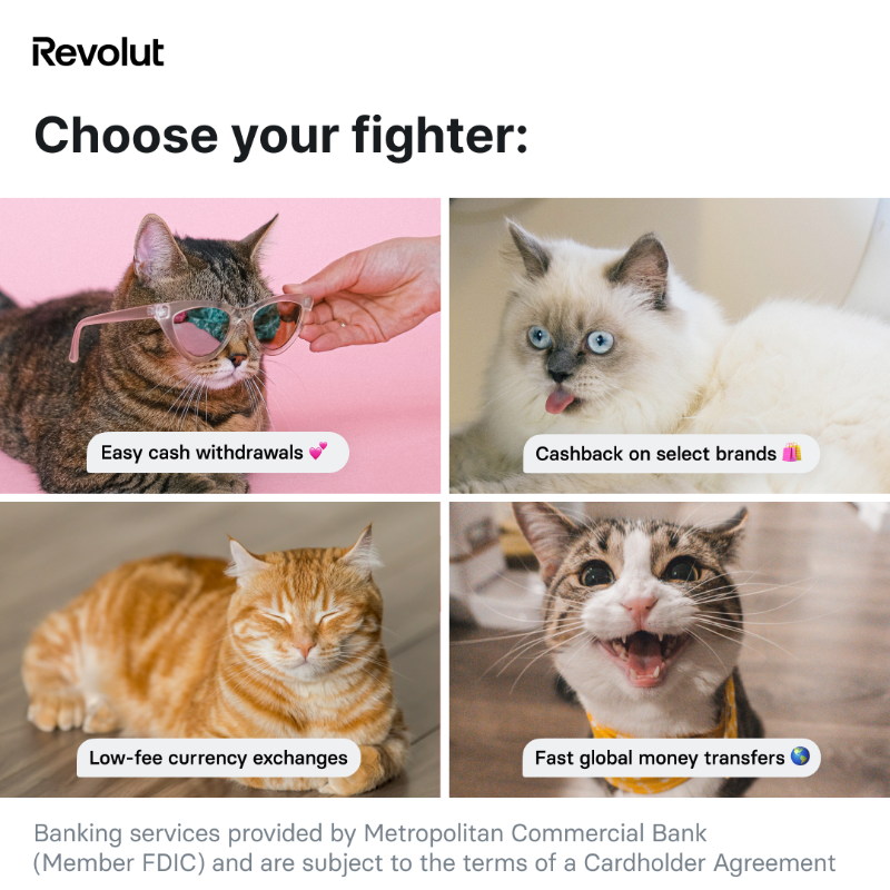 Revolut's tweet photo. Sick of jumping between multiple money apps? Manage your finances in one place with Revolut 🥳 Join now — no SSN needed.