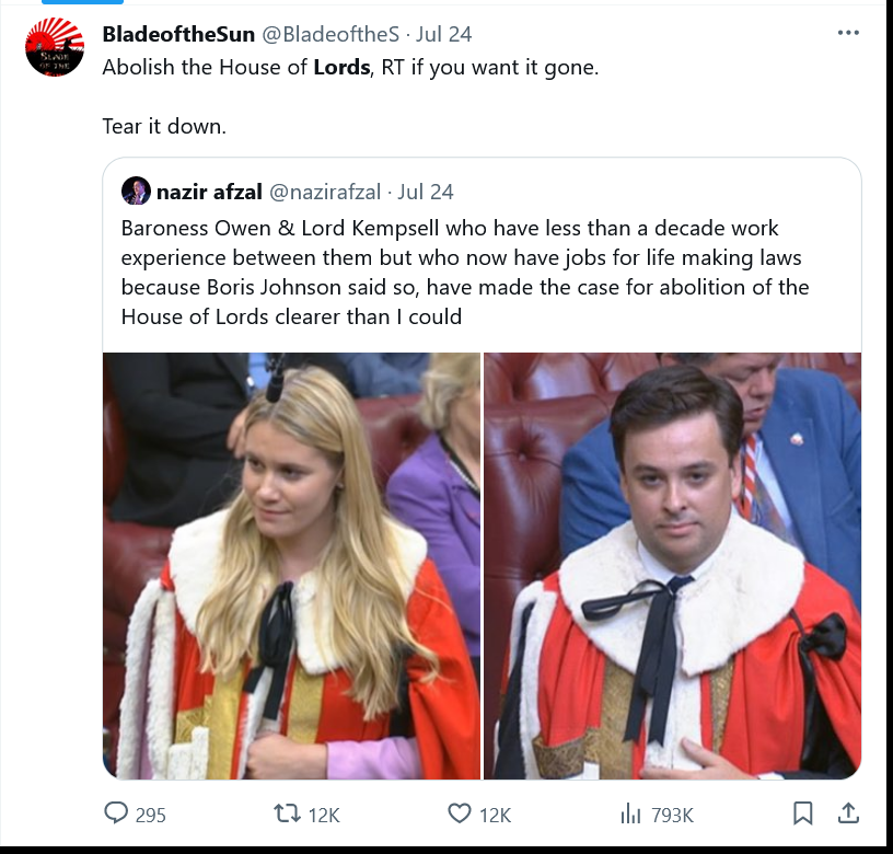 BladeoftheS's tweet photo. Abolish the House of Lords, RT if you want it gone.

What would you replace it with? https://t.co/1wl4nxPRhZ