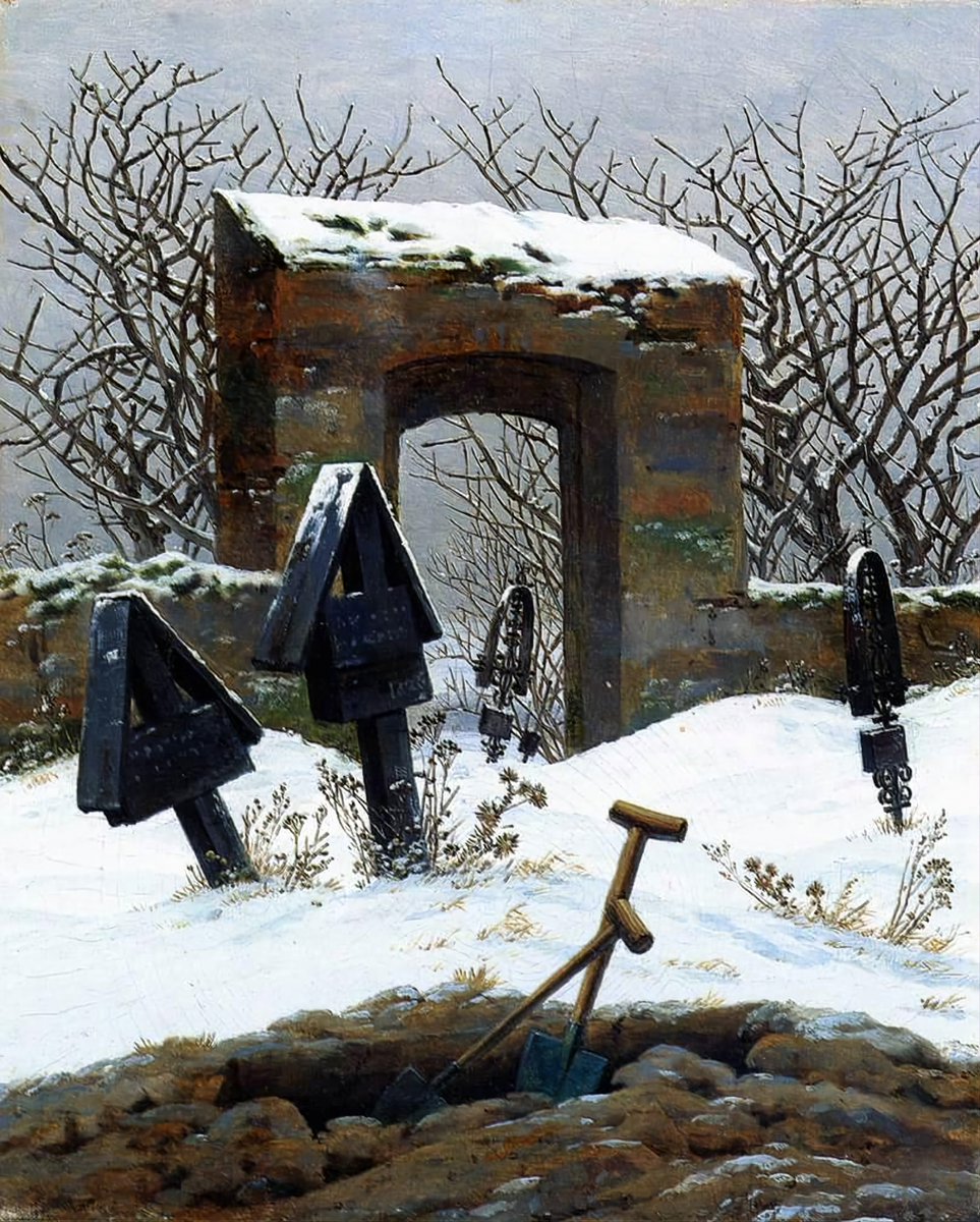 #GreatWinterPaintingsByOldMasters □Graveyard under Snow (1826) ☆CASPAR DAVID FRIEDRICH (1774-1840)▪︎The Master's gloomy painting full of sadness. On the second wooden grave cross, he mysteriously inscribed the year of the creation of the painting▪︎🏛<a href="/MDBKLeipzig/">Museum der bildenden Künste Leipzig</a>-LEIPZIG