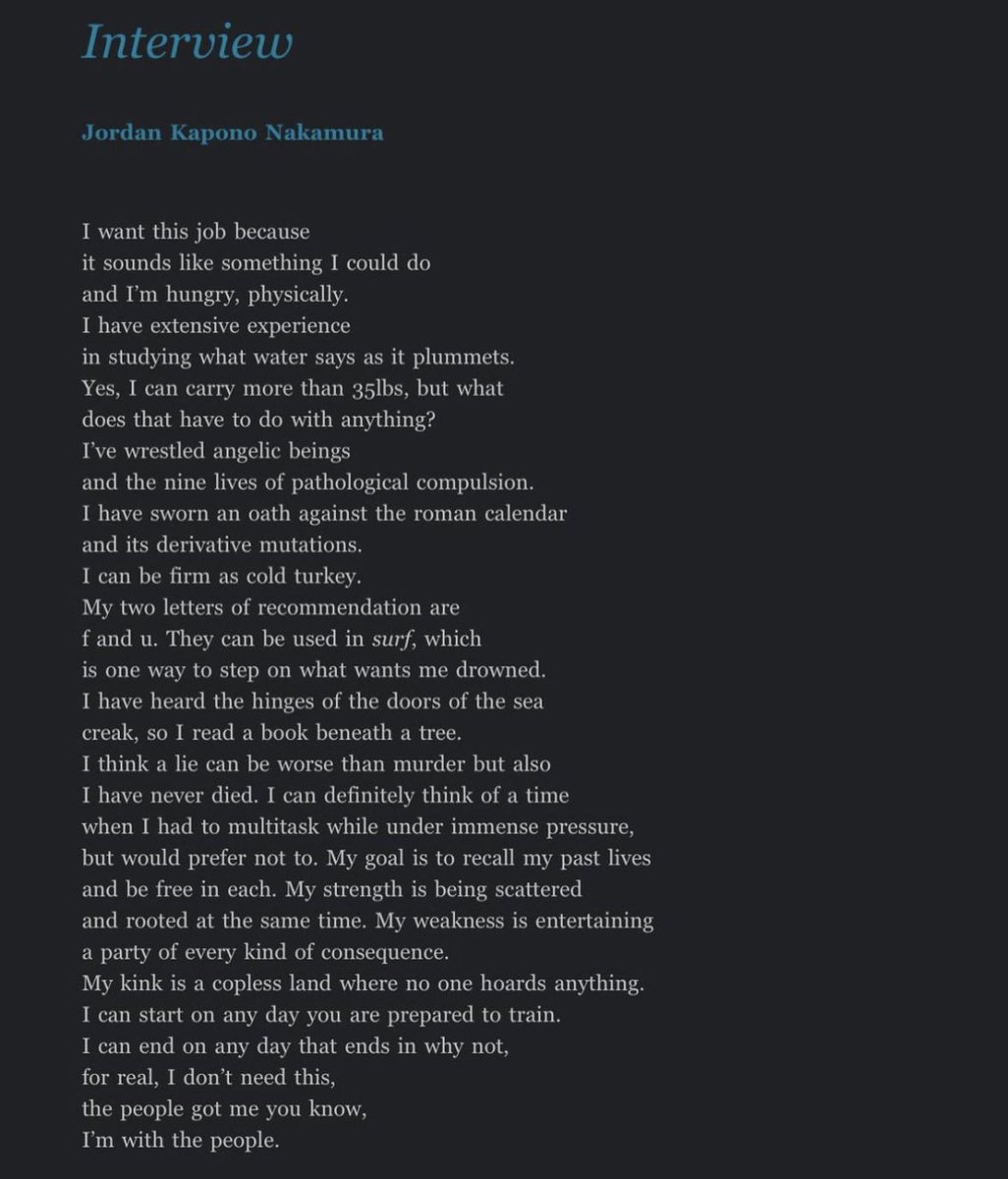 Have been meditating on the indignity of financial precarity in America since 2011 when I was addressless and hungry.  I wish there were more poems about it. The relief I felt reading this one by Jordan Kapono Nakamura—