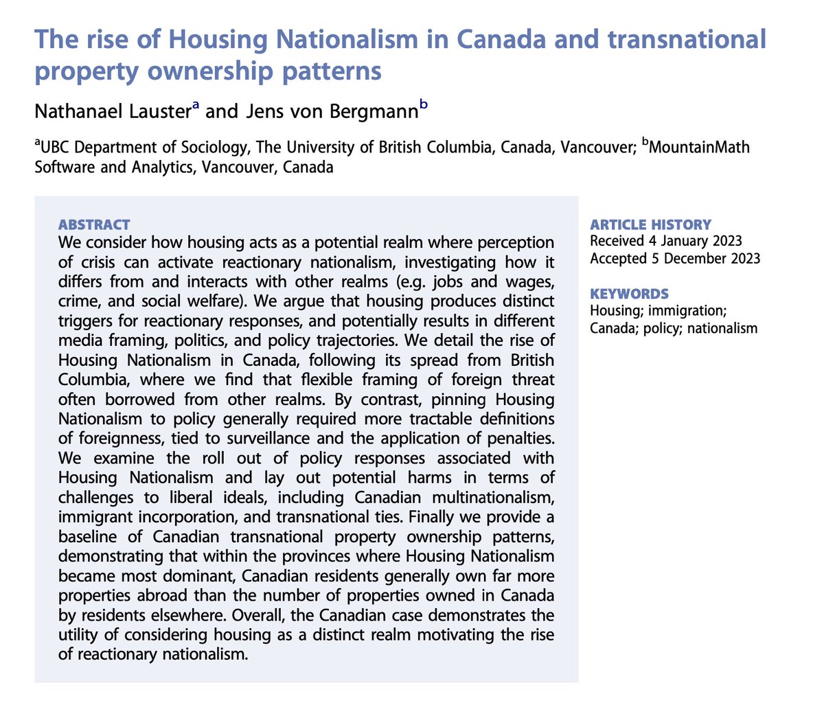 vb_jens's tweet photo. What do you call it when people blame housing problems on foreigners? How does that kind of thing start, spread, and make its way into policy? @LausterNa  and I call it Housing Nationalism, and we study its rise in Canada in a new paper out at JEMS:

https://t.co/auehuofBnS https://t.co/lbwFtz3rkX