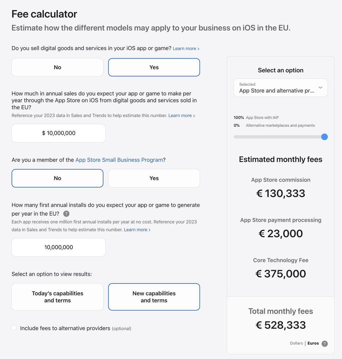 magnushambleton's tweet photo. The EU's new DMA legislation has plenty of flaws, but it very reasonably says that Apple has a defacto monopoly in the App Store, and will no longer be allowed to use that to enforce a monopoly in payments in apps. 

Apple does not like this. Not one little bit.

So it does what old, stale innovators dilemma companies does: it tries to find new, even more unreasonable ways to get enforce its monopoly, while making it look like it's the regulator's fault.

In their calculator, Apple compares a simple, beautiful world in which you use the "current terms" and pay a commission of 2.3%, to their "new terms" where you end up paying a commission of 68% + having to deal with lots of bureaucratic bullshit. 

But the reality is that Apple is currently taking a 30% commission, because you are forced to use IAP, which is what the DMA is stopping them from doing. And the random fees in their "new" scenario are all 100% invented by none other than Apple themselves — they are entirely optional and have nothing to do with the EU or the DMA

I love Apple products and use them every day, and I admire their design and thoughtfulness. But this stinks of user-hostility, arrogance and resting on your laurels without innovating and it does not belong in any self-respecting tech company.
