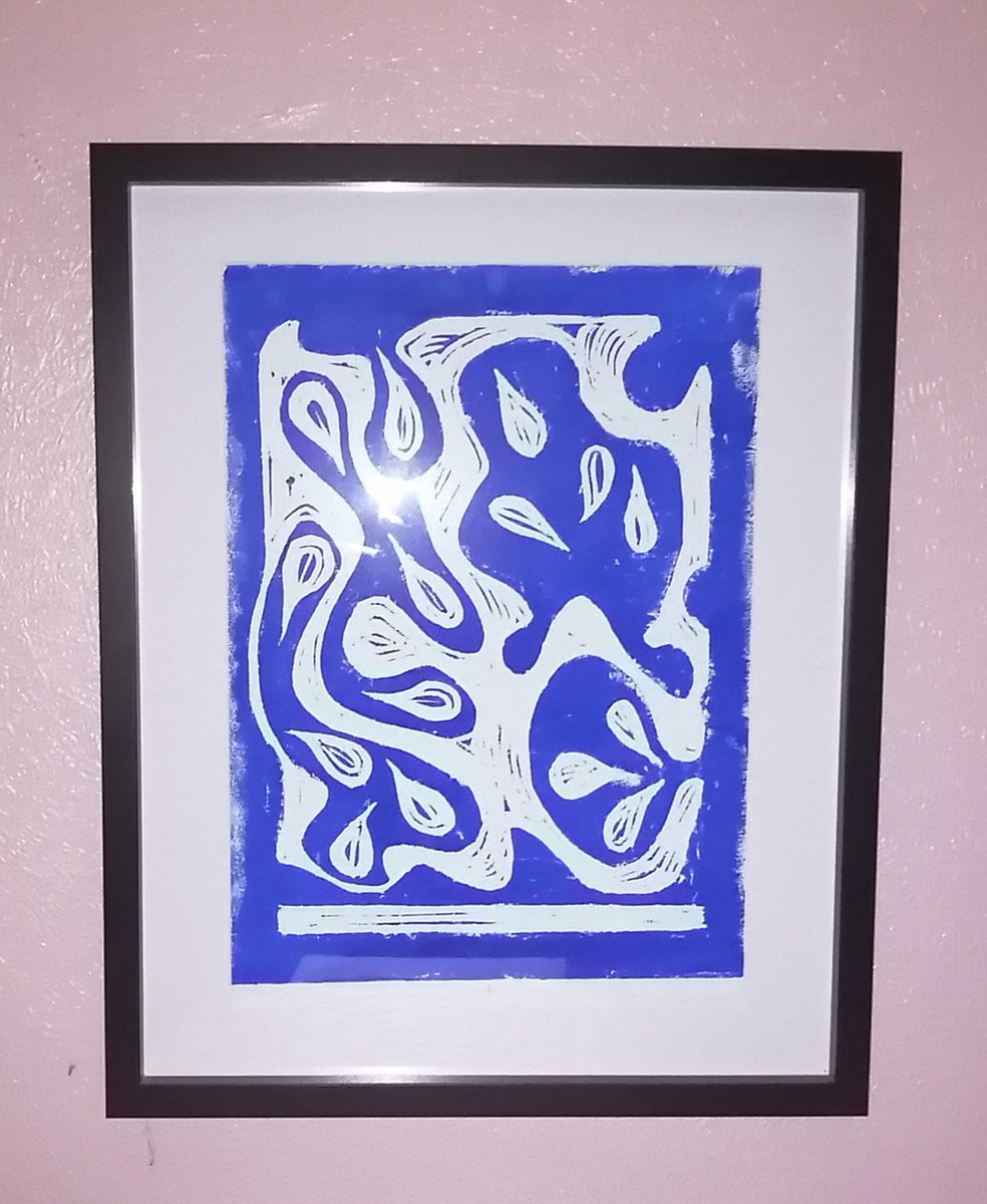 A abstract Lino print I created last week it's A3 and framed. I'm looking for sensible offers and the money raised will go into the work of the Hub. <a href="/SaatchiArt/">Saatchi Art</a> <a href="/arts_farm/">Guggleton Farm Arts</a> <a href="/stuartsemple/">STUART SEMPLE</a> <a href="/keep1063/">KeeP 106</a>