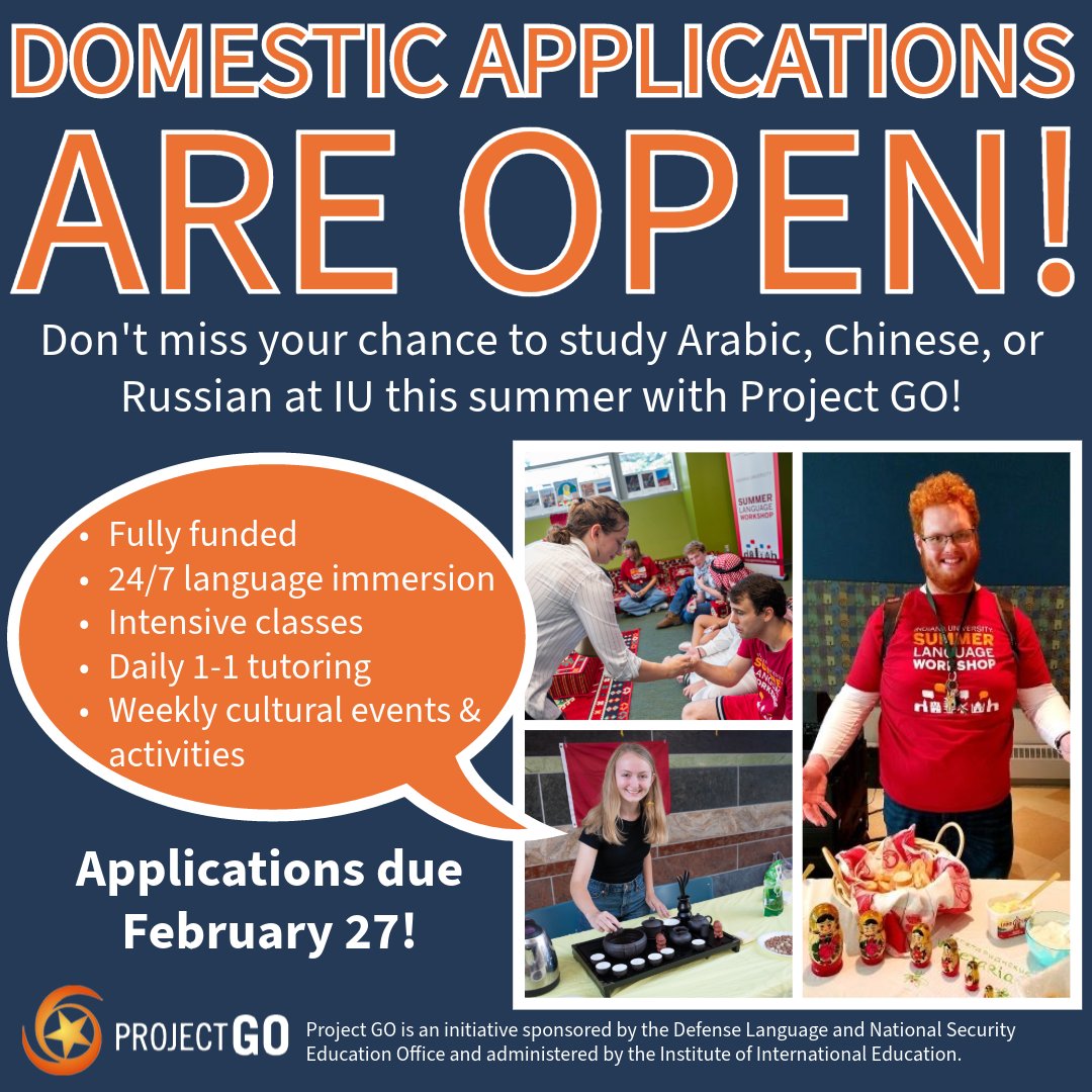 iulangworkshop's tweet image. ROTC students can still apply for domestic immersion programs at one of the 27 Project GO institutions across the US!

Applications are due February 27 by 11:59 PM!

Questions? Email us at pgo@iu.edu

#applyprojectgo #rotc #iubloomington